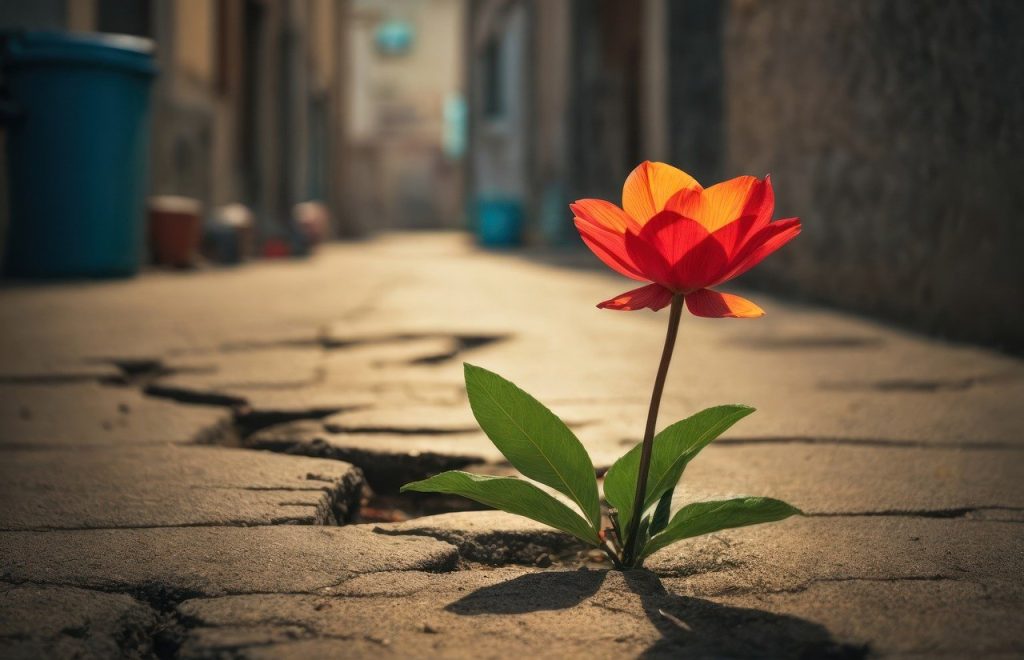 Flor naranja creciendo entre el pavimento, simbolizando resiliencia y superación de obstáculos.